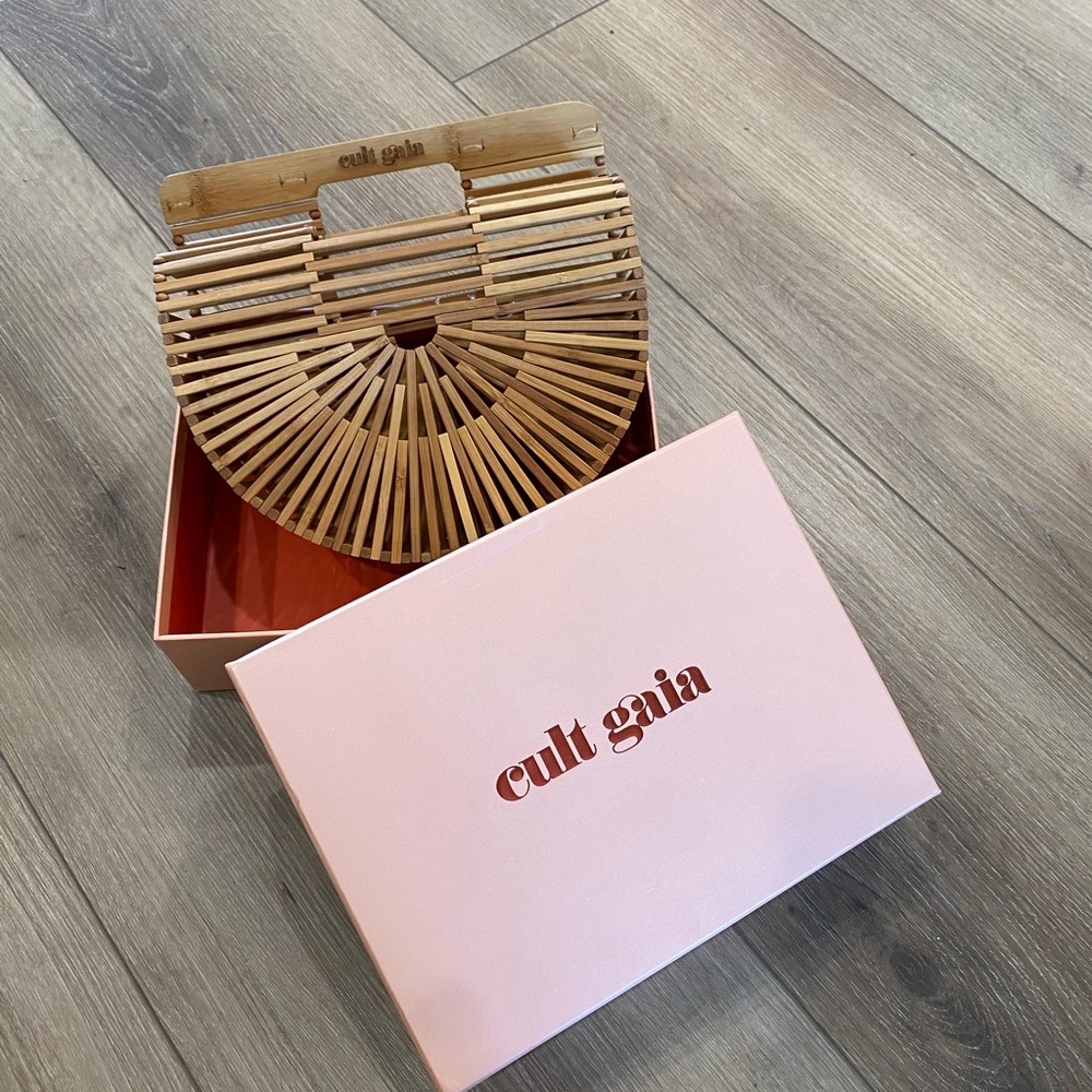 Cult Gaia bamboo clutch handbag.